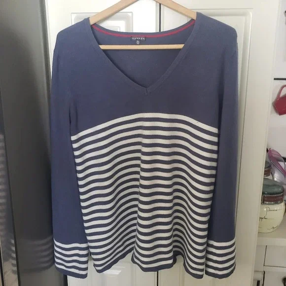 Hannah Striped V-neck Lightweight Nylon Blend Pullover Sweater - Picture 7 of 7